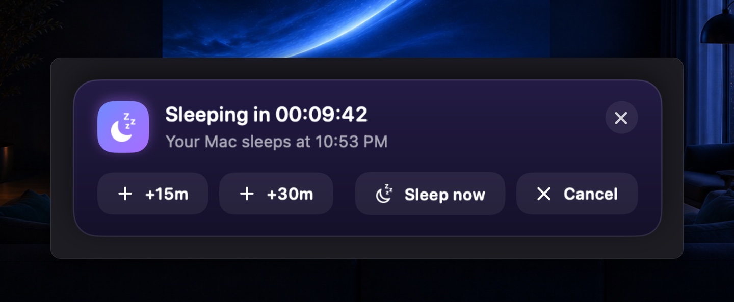 A Mac sleep timer heads-up above a fullscreen film, offering to add fifteen or thirty minutes