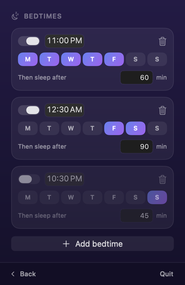 Repeating Mac bedtimes set for weeknights and the weekend