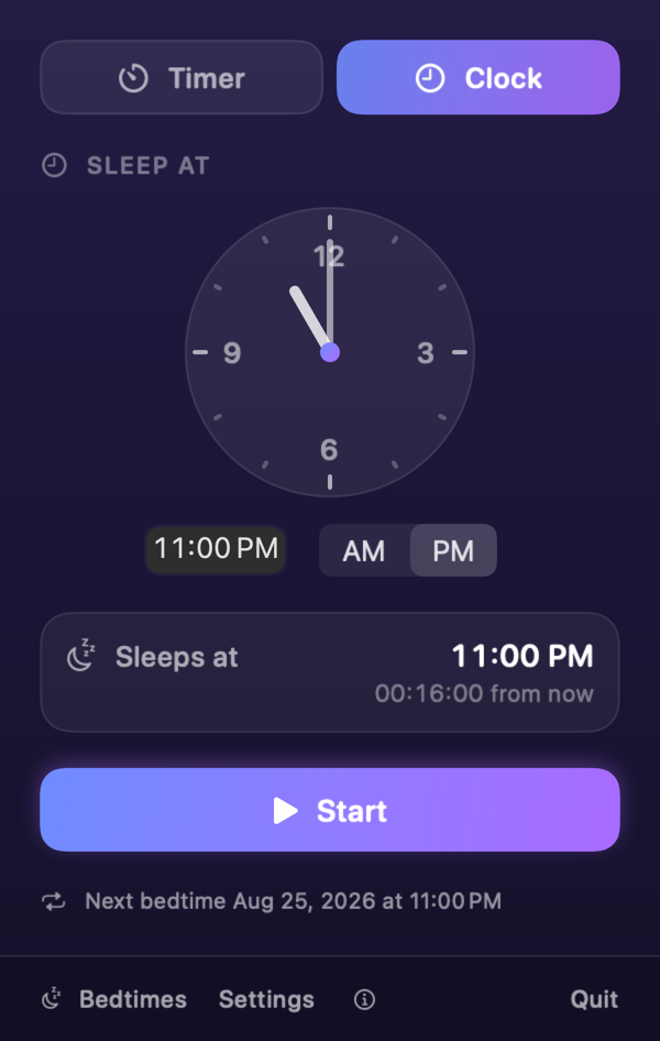 Analog clock dial scheduling a Mac to sleep at 23:00