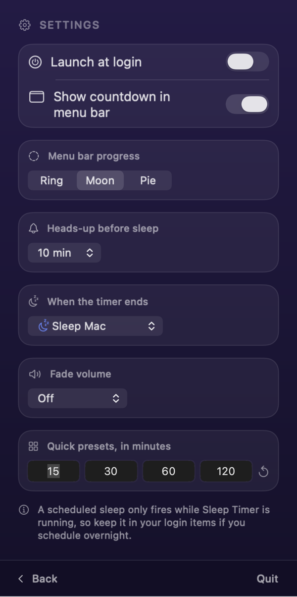 Sleep Timer settings for launch at login, menu bar style, end action, and presets