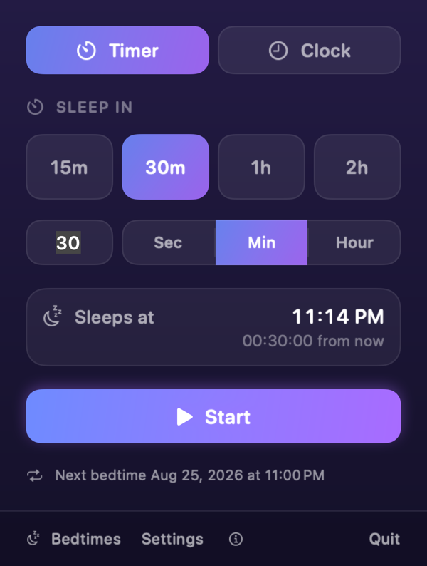 Mac sleep timer presets of 15, 30, 60, and 120 minutes in the menu bar panel